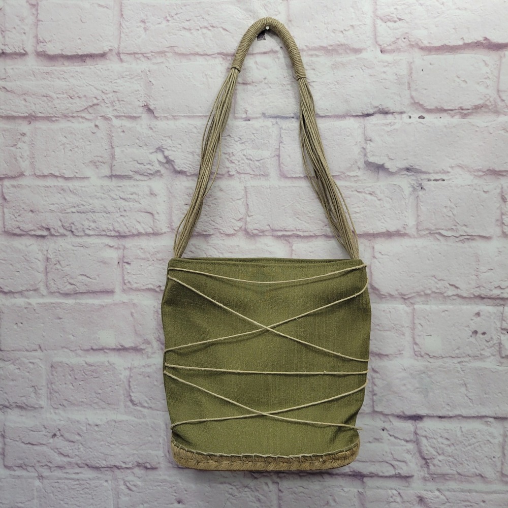 Andre Assous Green Espadrille Tote Shoulder Bag 9x8 Criss Cross Cording‎ Canvas